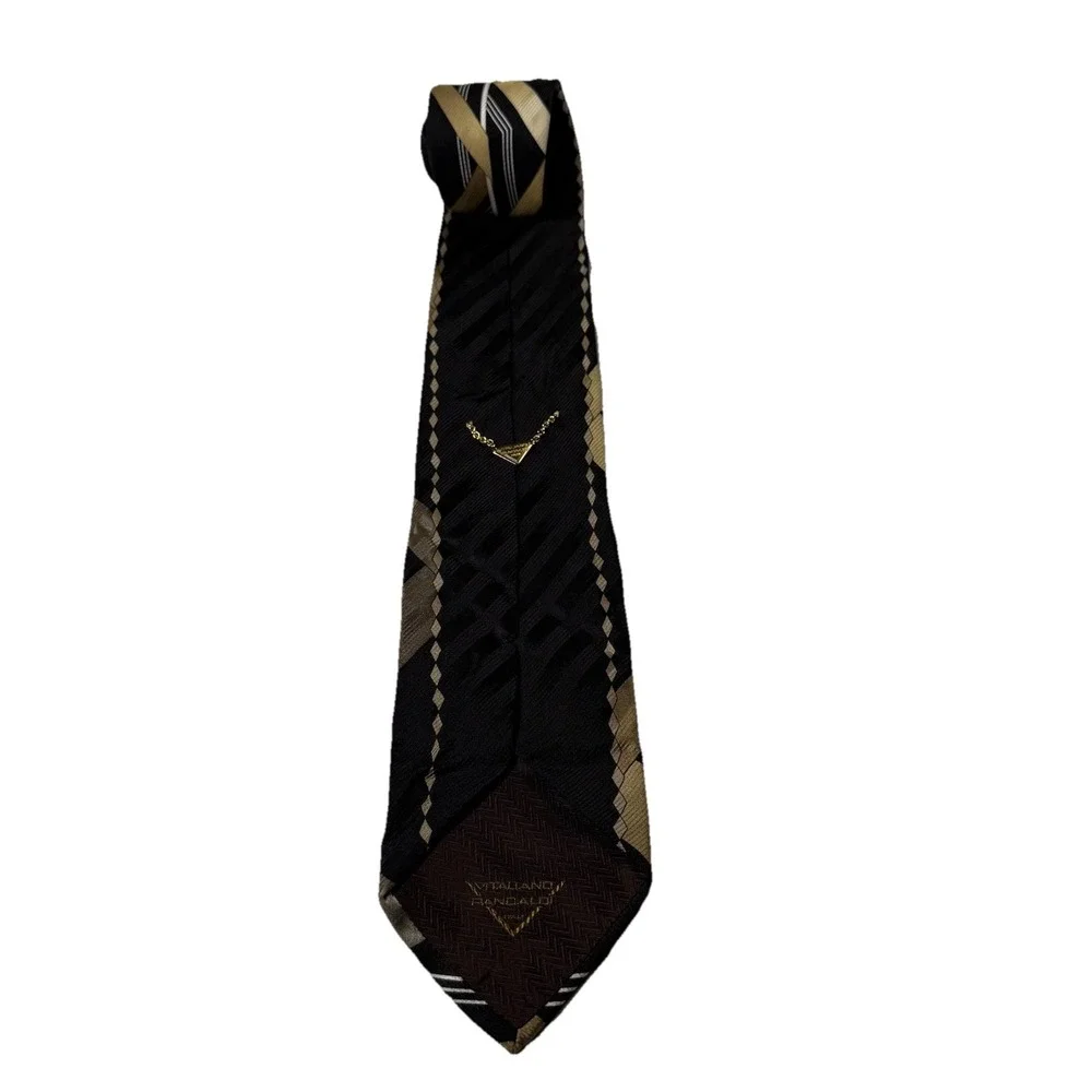 Vitaliano Pancaldi Silk Necktie Geometric Black Gold Grey Diagonal Stripe Giove